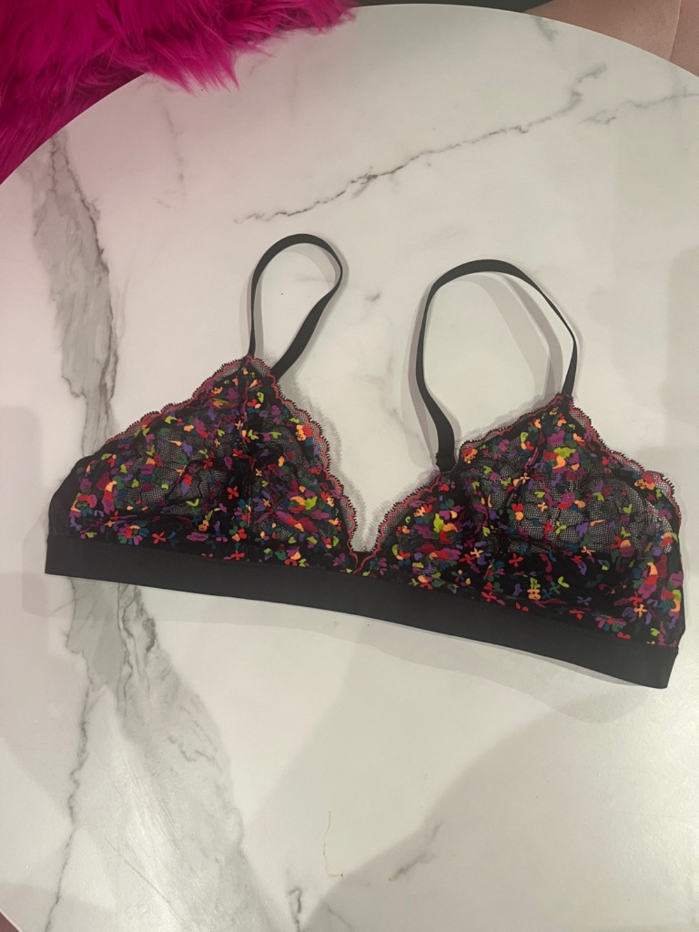 Sheer Floral Lace FENTY Bralette in Black with Multicolor Embroidery